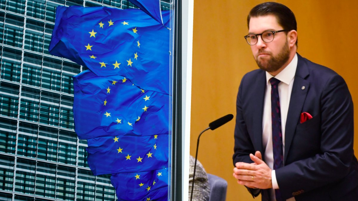 EU-flaggor och SD-ledaren Jimmie Åkesson. Kollage. 