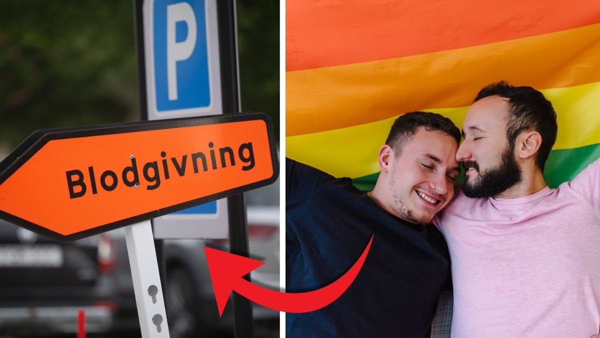 Blodgivningsskylt och ett homosexuellt par. 