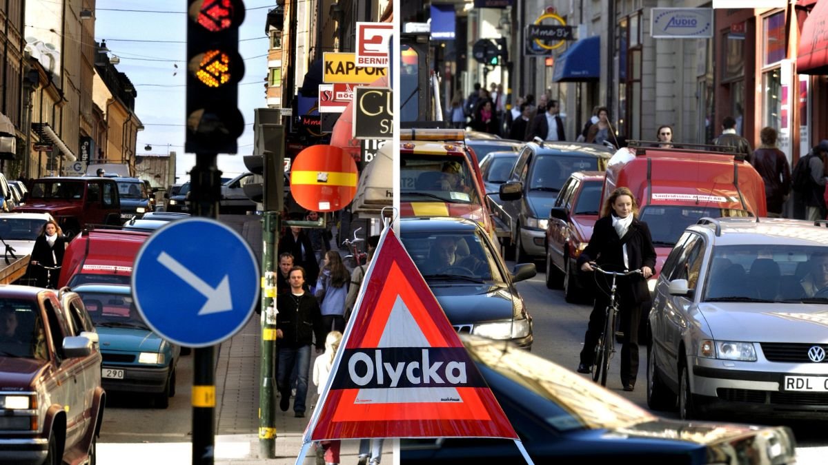 Trafik i stan och cyklist.