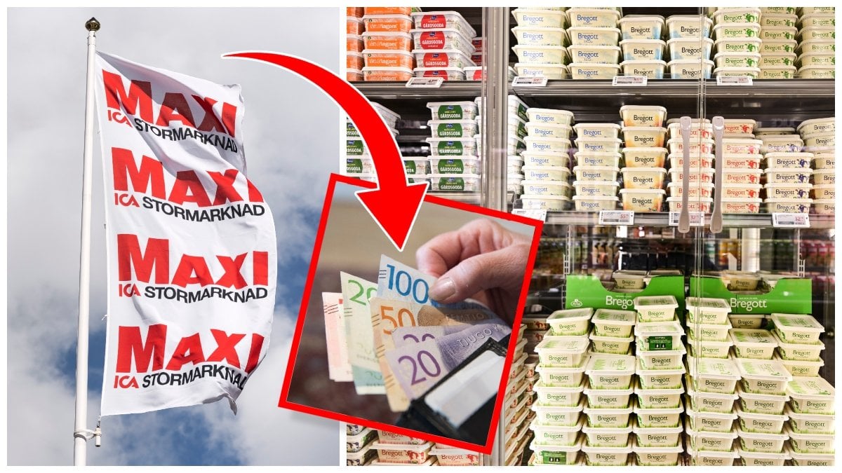 Ica Maxi-flagga, pengar i en plånbok och en butikskyl. 