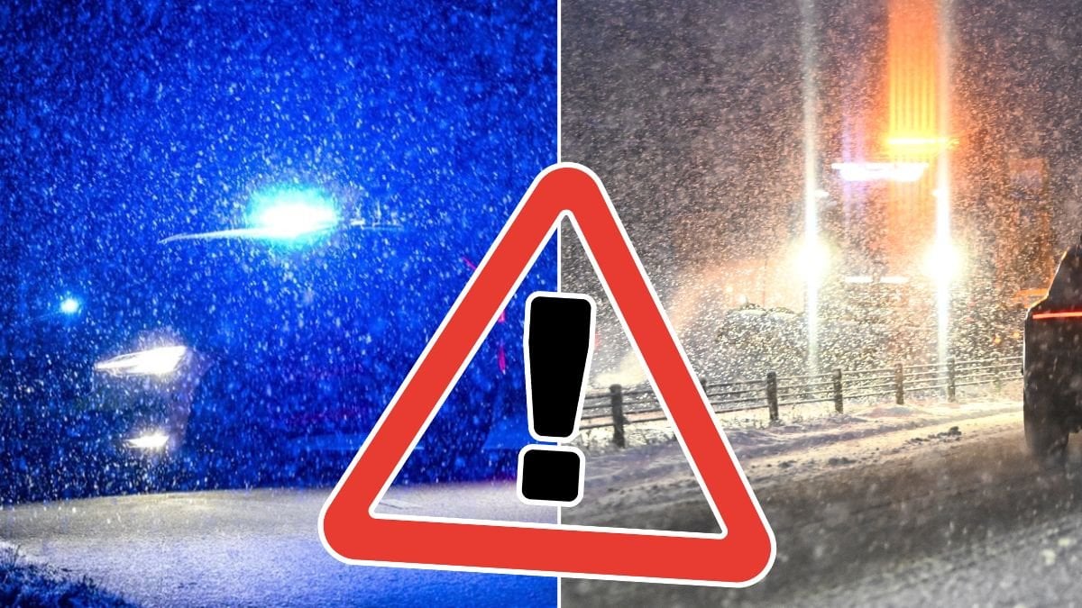 Blåljus och kö i snöstorm.