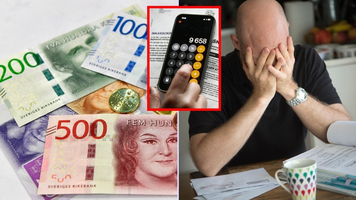 Pengar och person med ansiktet i händerna.