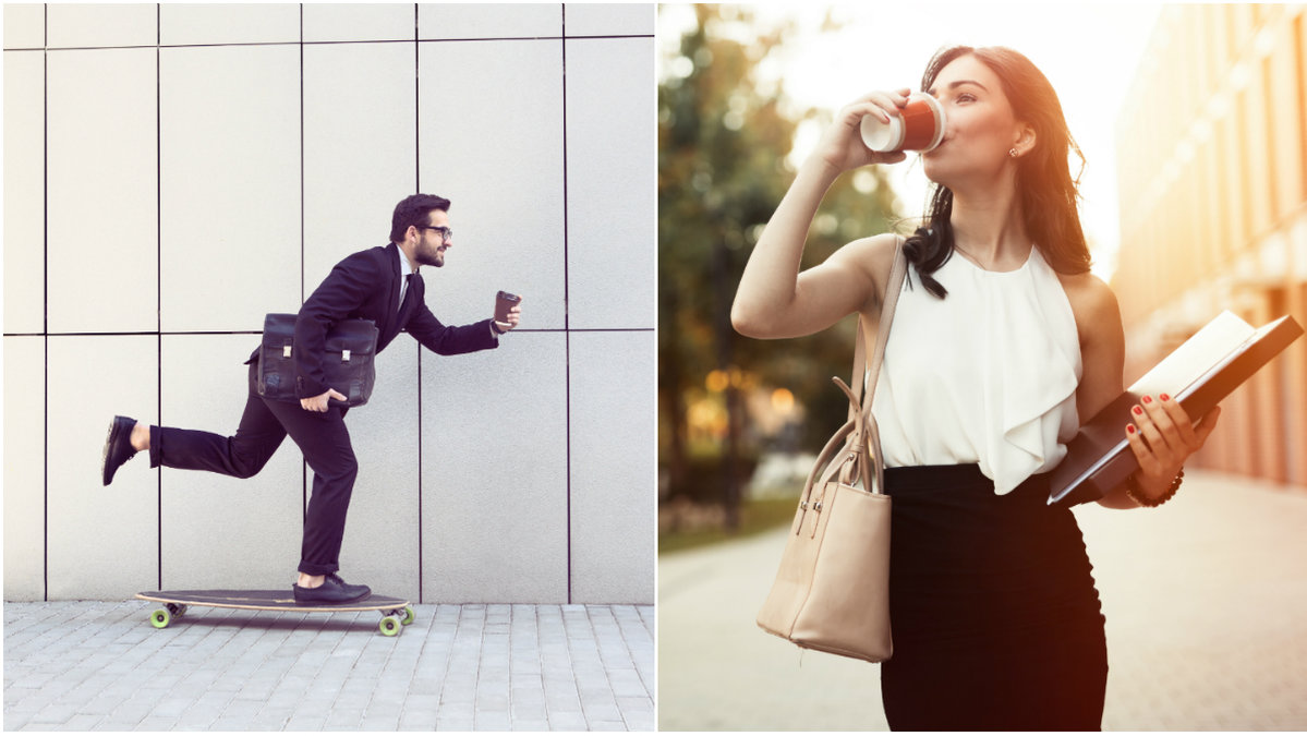Man på skateboard och stressad kvinna på språng