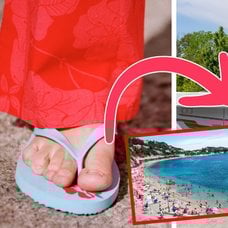 Bilden till vänster visar en fot med en flip-flop. Bilden i mitten visar en strand. Bilden till höger visar husbilar. 