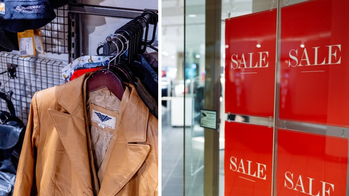 Kläder på en butikshylla vänster. Posters med texten Sale i ett butiksfönster höger.