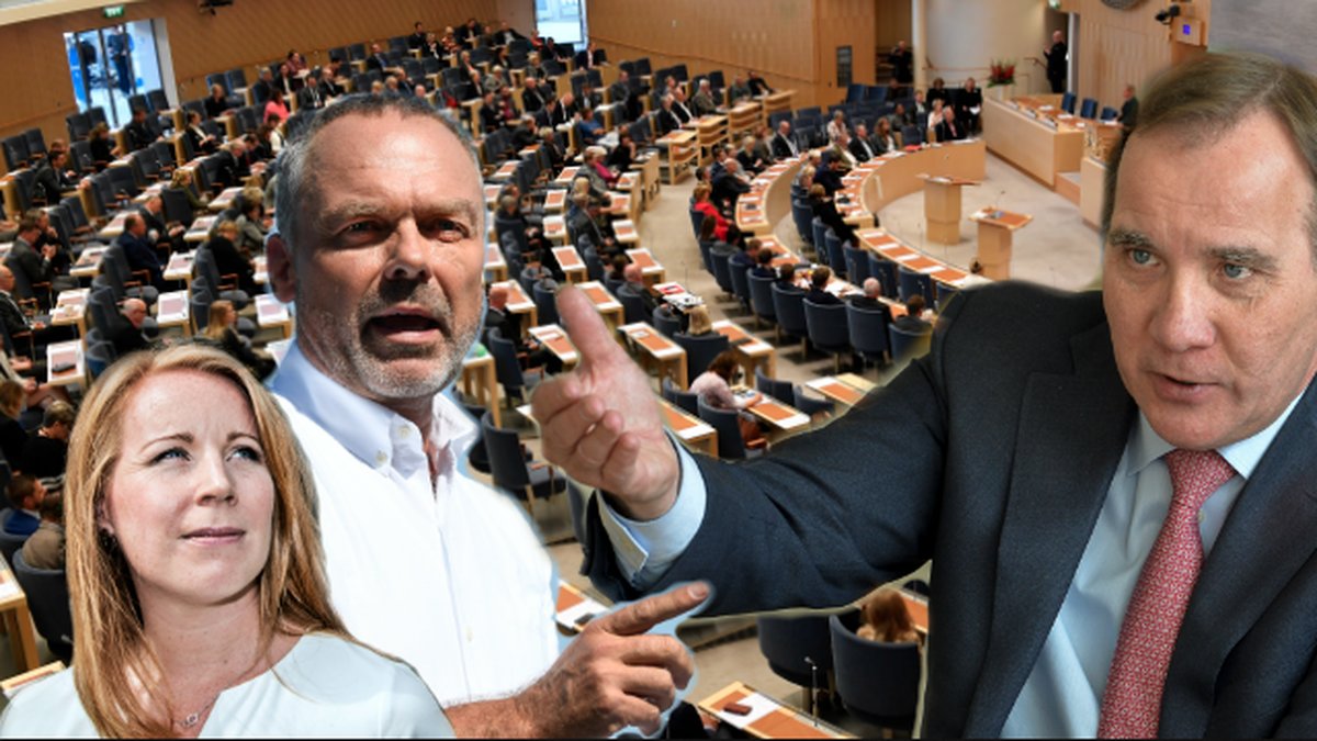 Riksdagen. Annie Lööf, Jan Björklund och Stefan Löfven.