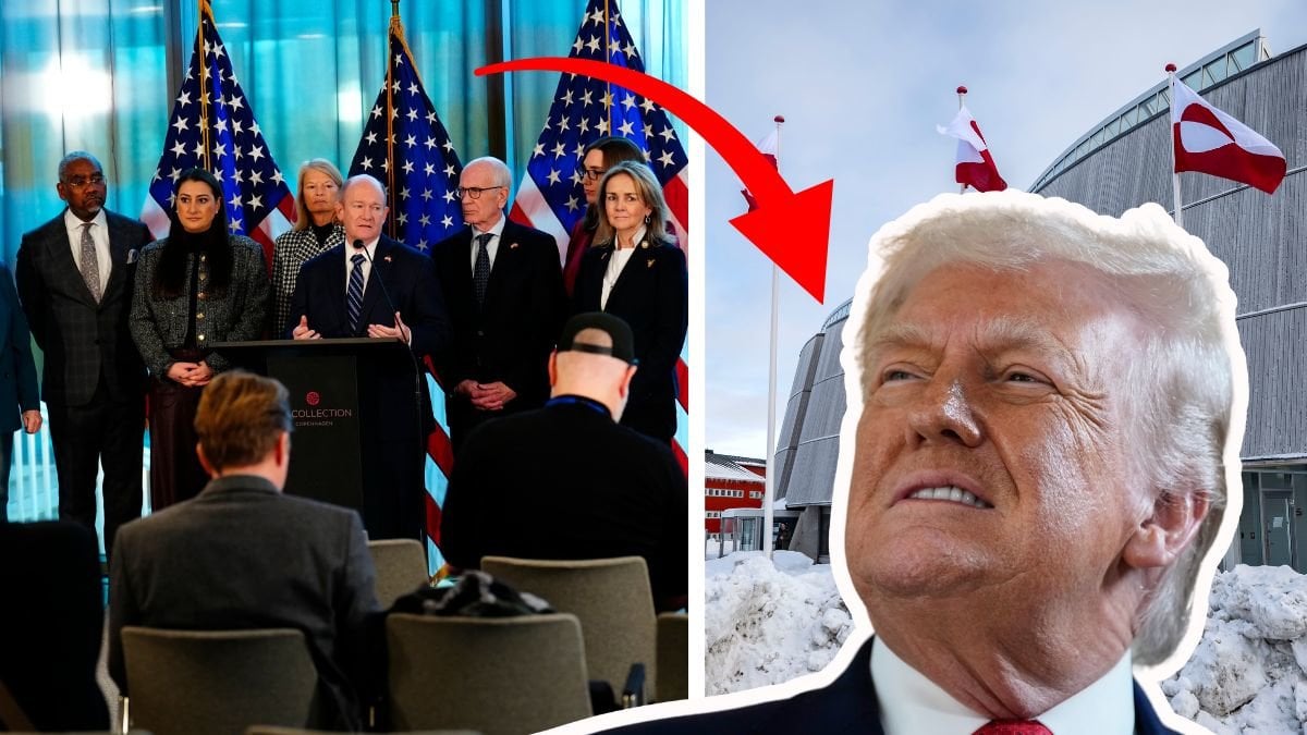 Senatorerna till vänster. Grönlands flagga till höger. En utklippt bild på Donald Trump till höger. En röd pil pekar på Donald Trump.