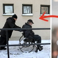 Man som puttar en annan man i rullstol vänster. Närbild Andreas Carlsson (KD) höger.