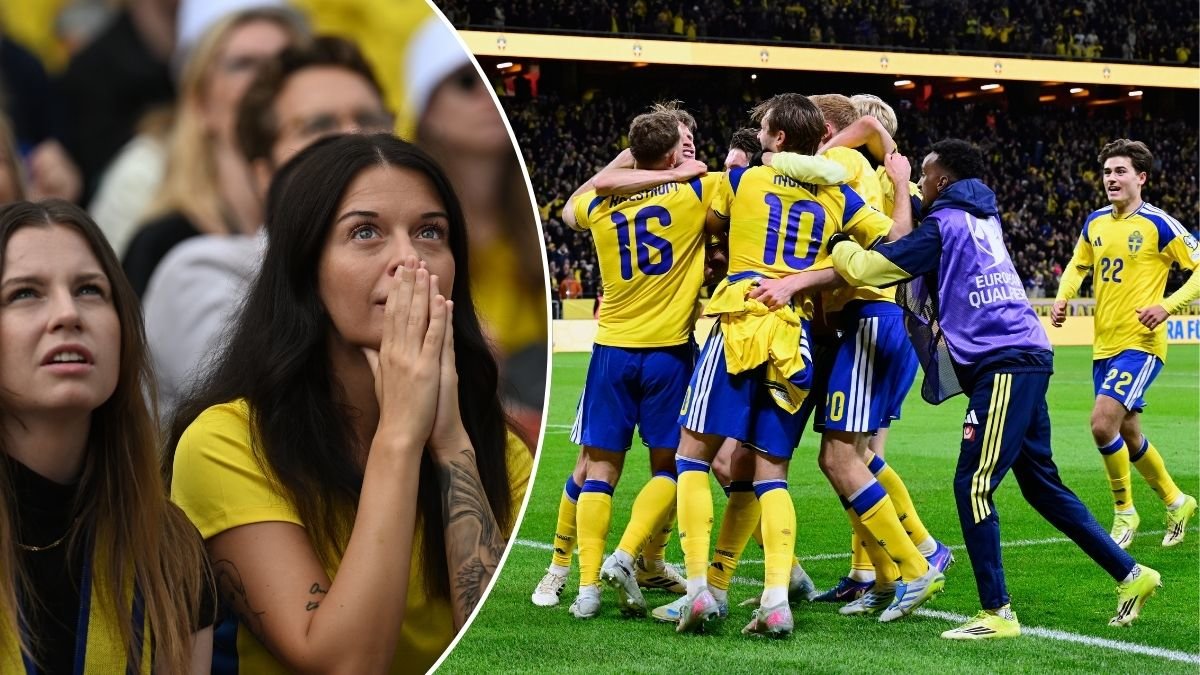 Bilder på supportrar och Sveriges landslag som vinner en fotbollsmatch.