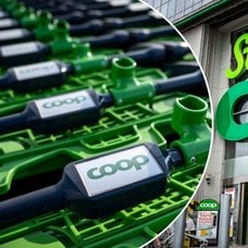 Bilder på Coops entré och kundvagnar.