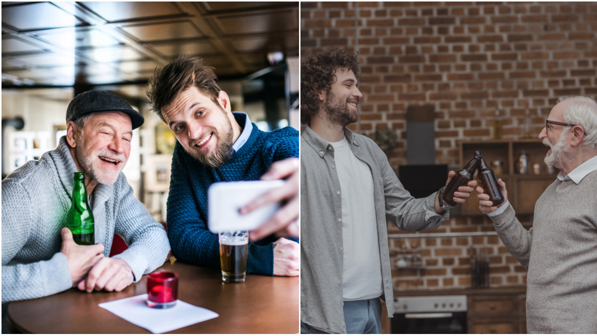 Far och son skålar och dricker öl tillsammans