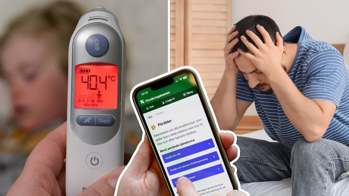 Sjukt barn, förälder och mobil med Försäkringskassans app.