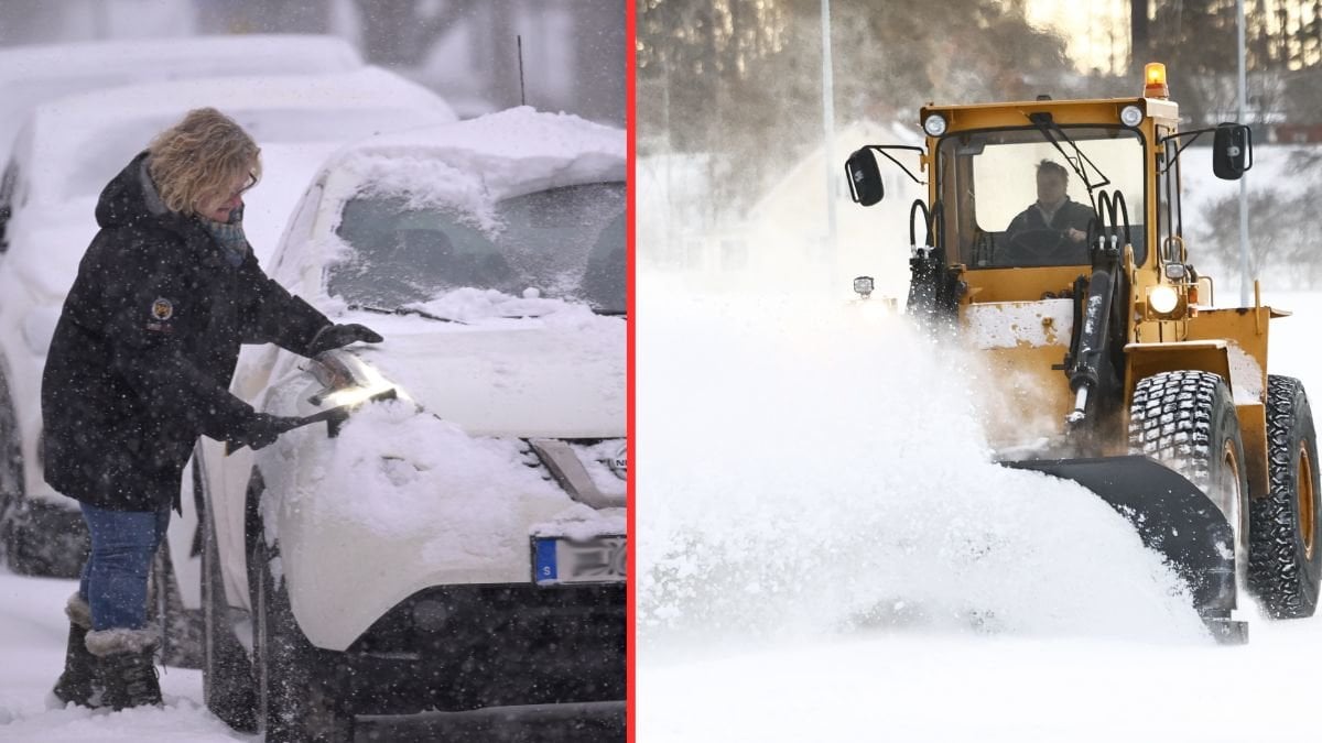 snöig bil och snöplog