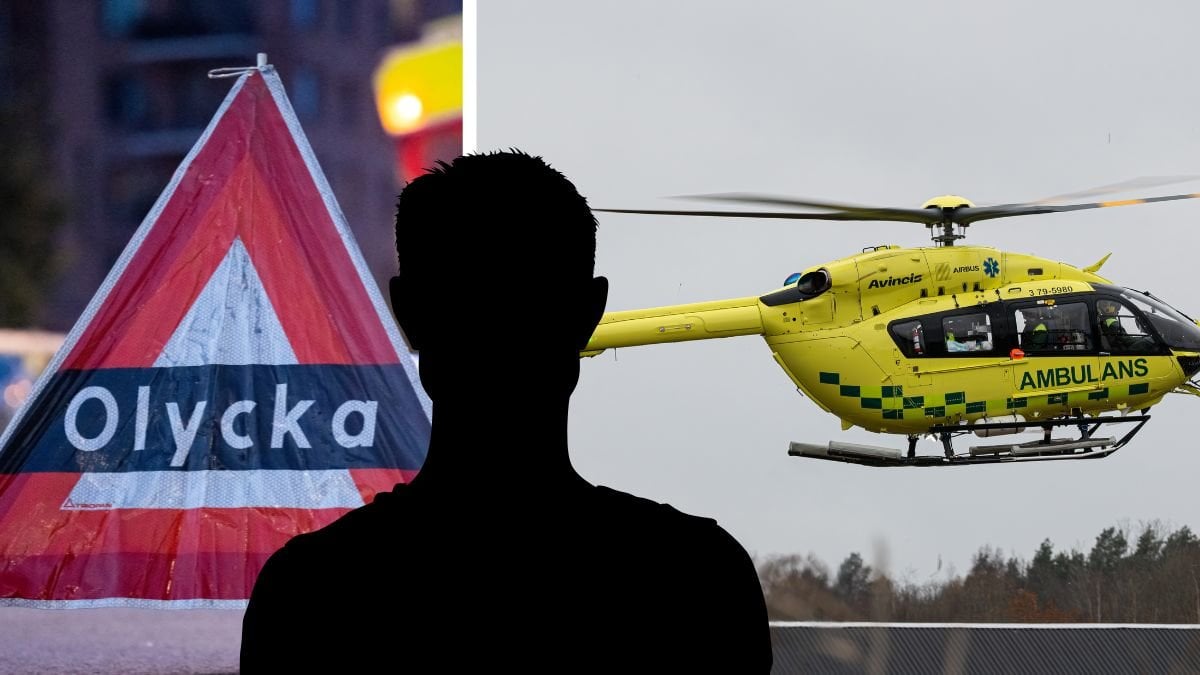 Olycka skylt till vänster, ambulanshelikopter till höger. Man siluett i mitten. 