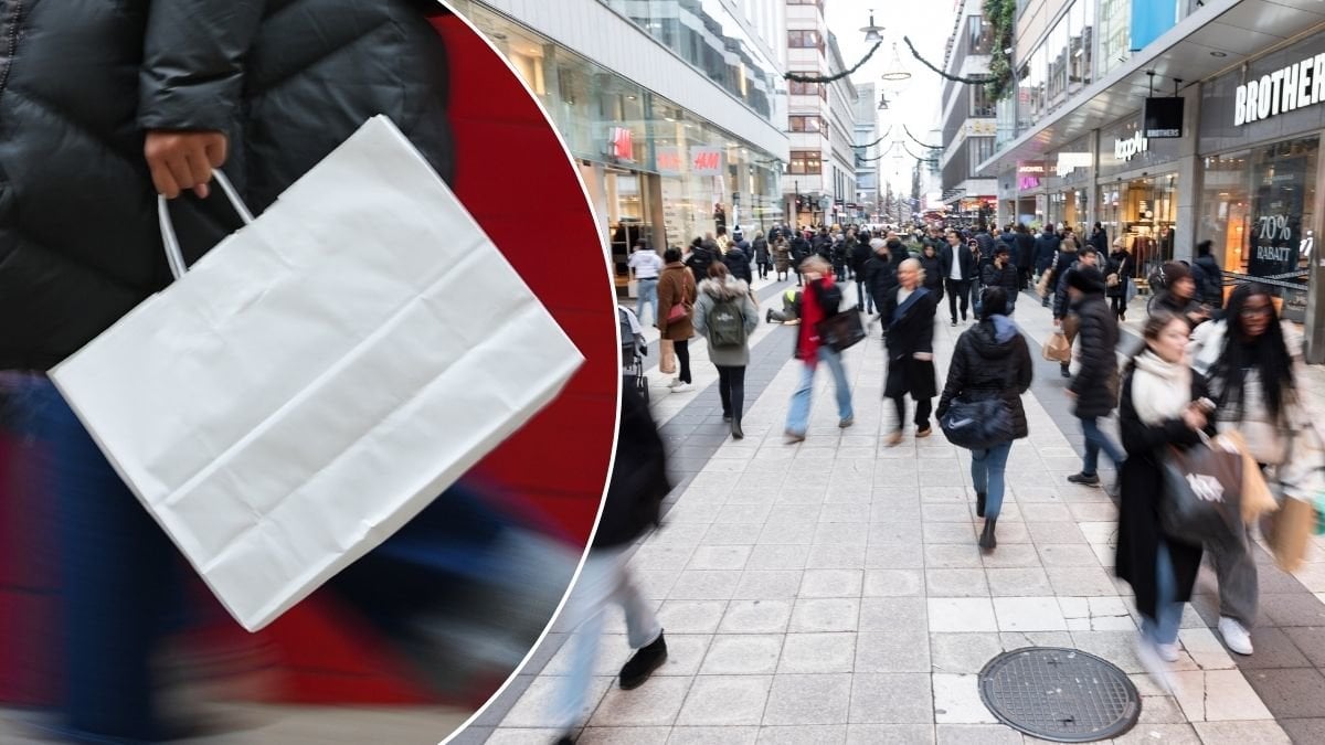 Bilder på en shoppinggata och en shoppingkasse.