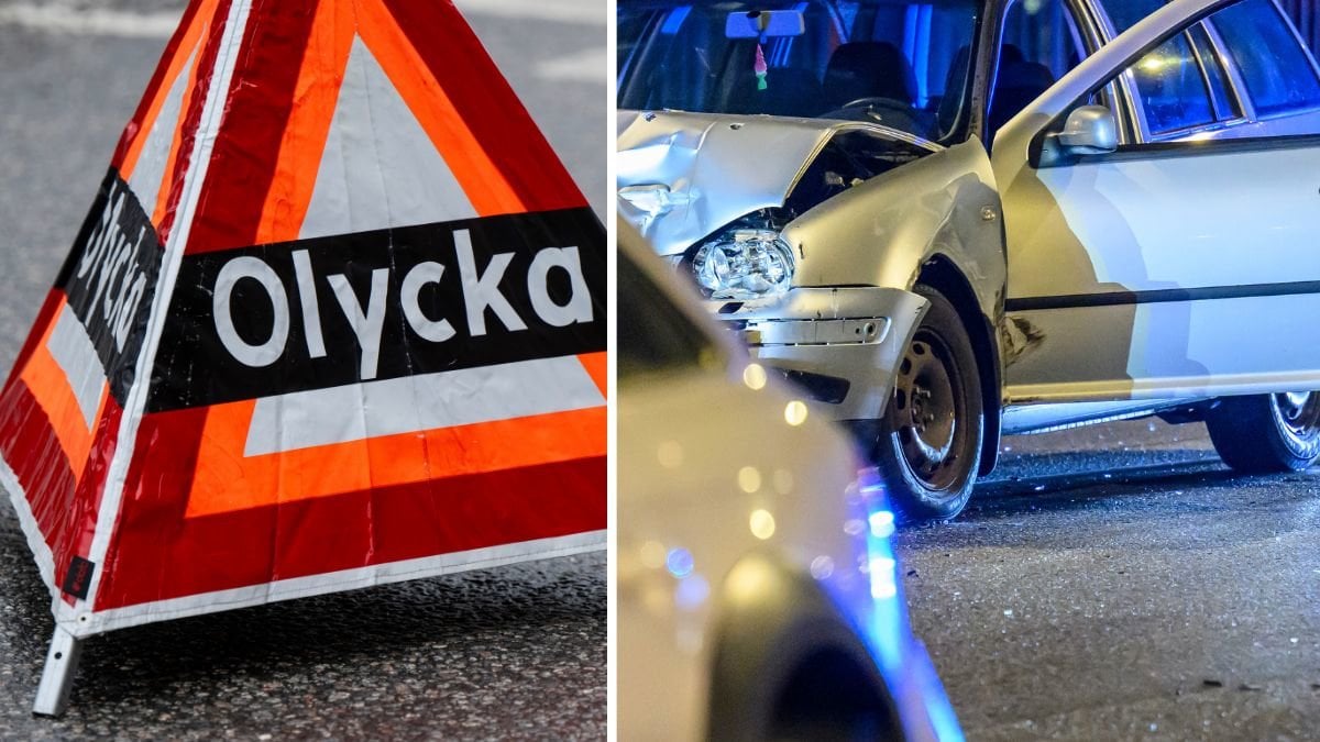 Skylt där det står olycka till vänster. Bilolycka till höger.