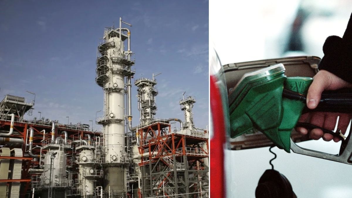 Gasfältet South Pars i Iran samt en person som tankar bilen.