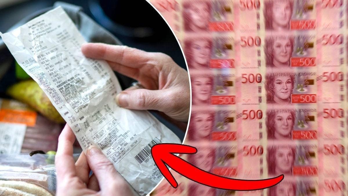 Bilder på ett använt kvitto och nya sedlar.