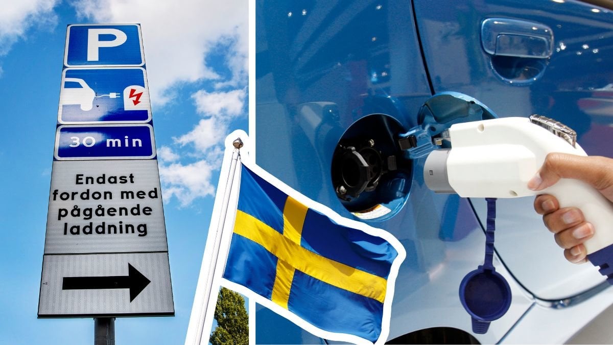 Laddskylt och ladda en elbil.