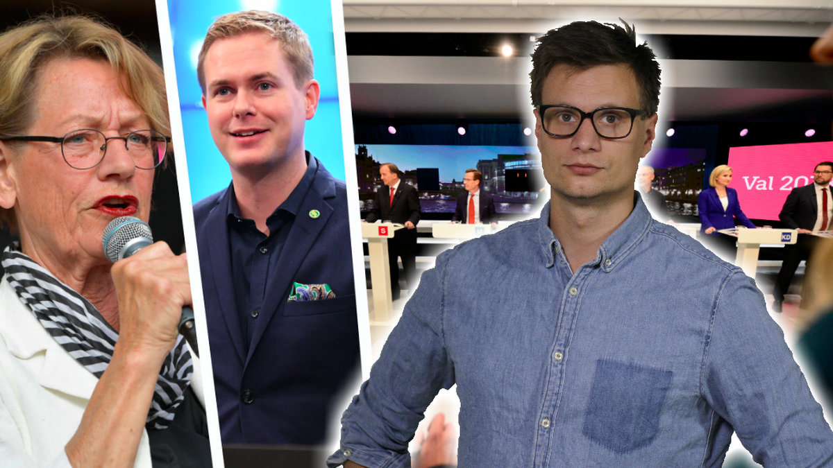 Schyman, Fridolin, bild från partiledardebatt och Karl Anders Lindahl. Bildkollage.