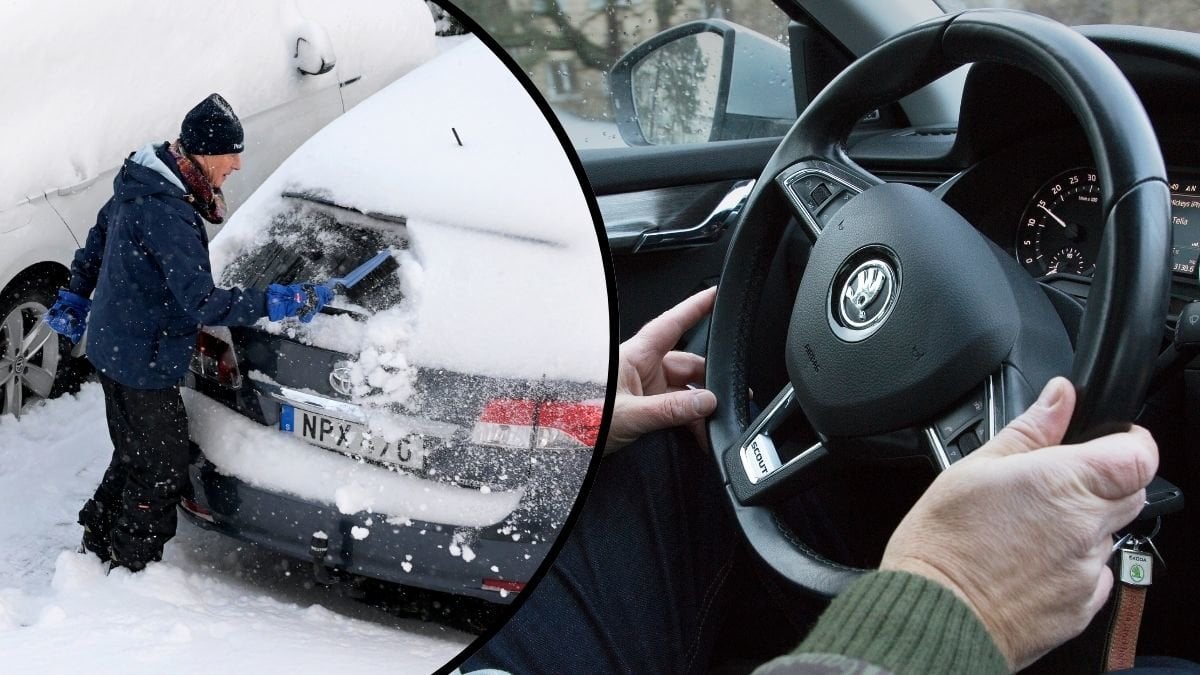 Bilder på en som sopar av bilen och en som kör en bil.