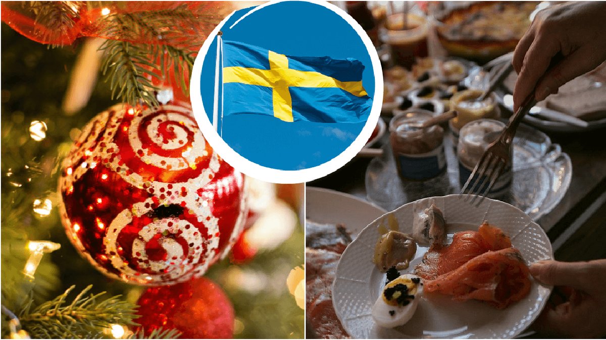 En röd julkula och en tallrik med mat från ett julbord.