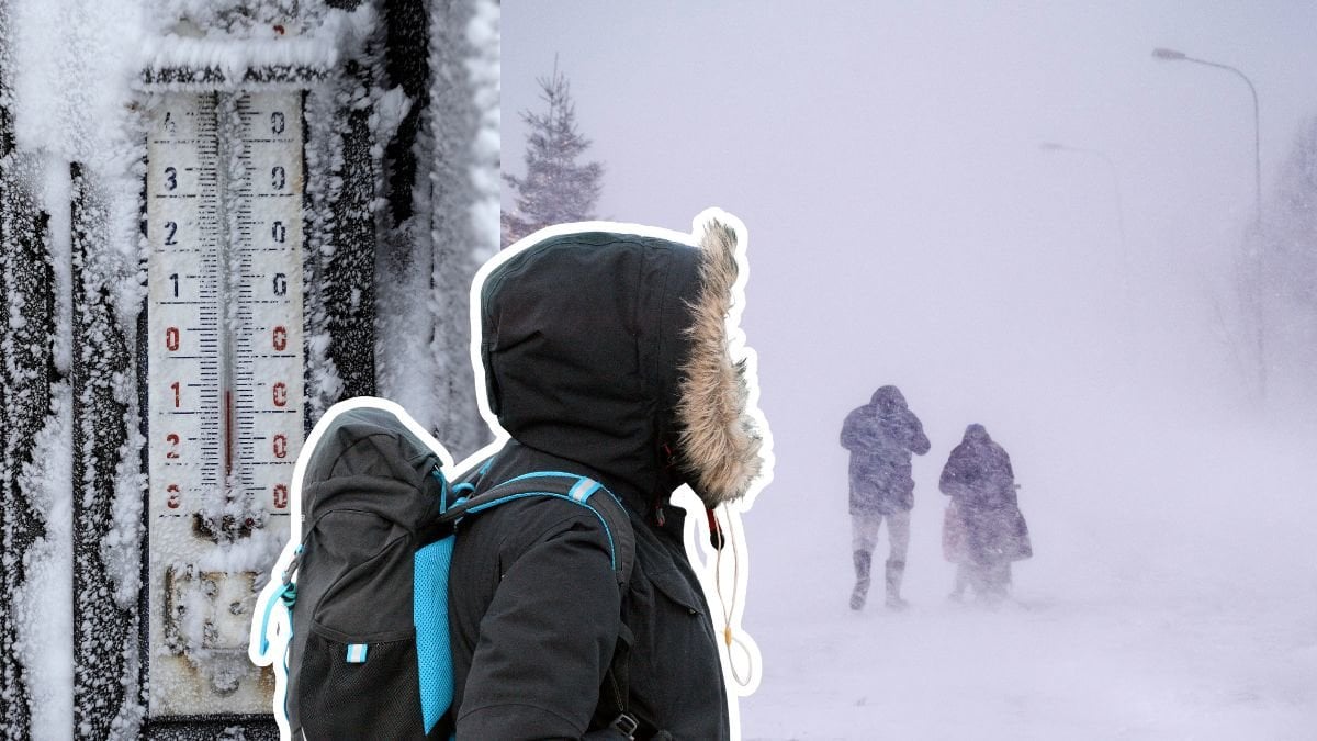 Termometer, vinterjacka och ett par i en snöstorm.