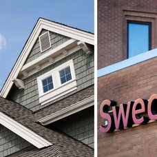 Hus vänster. Swedbank-skylt höger.