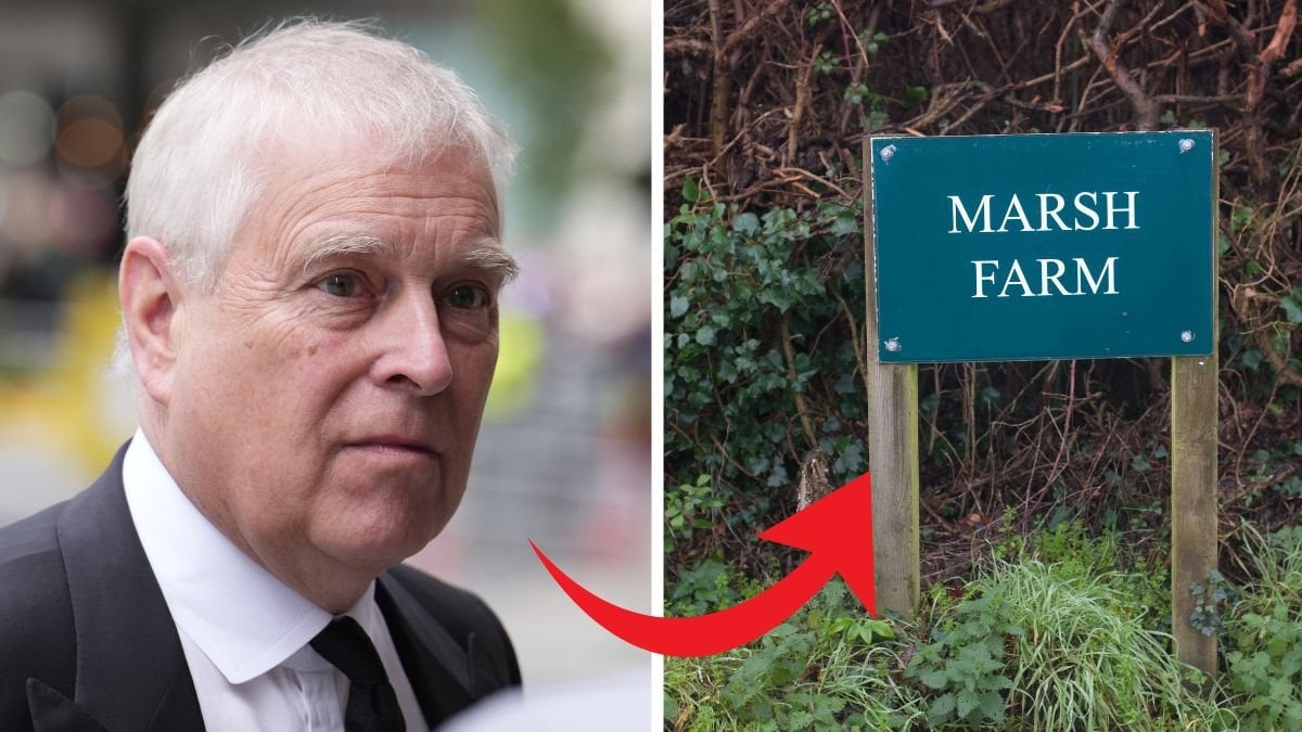 Prins Andrew till vänster. En skylt där det står Marsh Farm till höger.