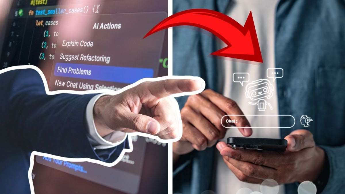 AI-chatt i bakgrunden vänster. En hand som pekar till vänster utklippt. En person som chattar med AI på mobilen till höger.