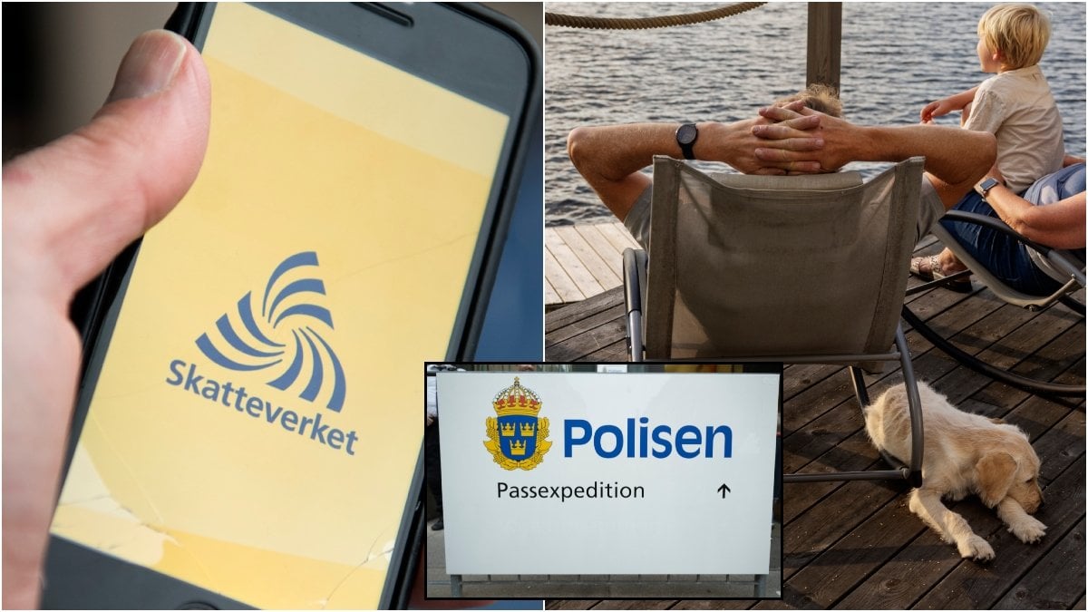 Skatteverkets app, man i solstol och polis-skylt.