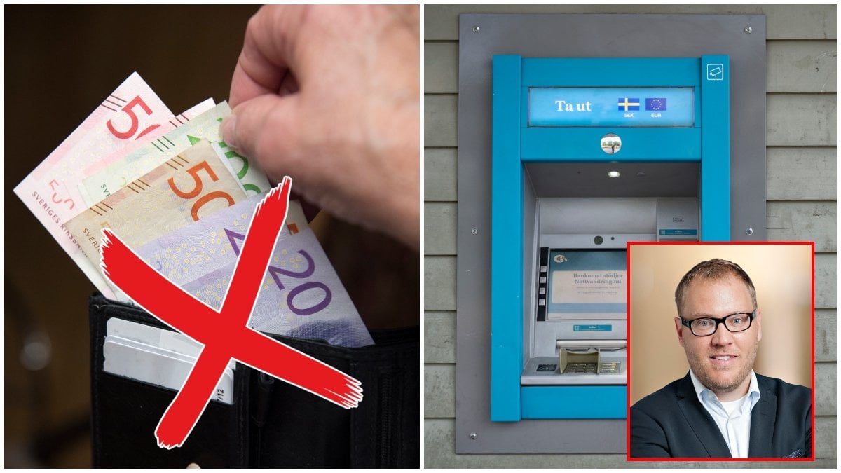 Plånbok med sedlar och en bankomat.