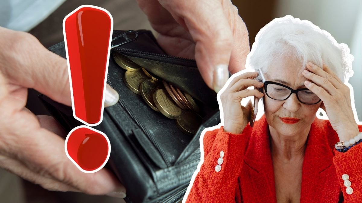 Plånbok med mynt i och en äldre kvinna som pratar i telefon.