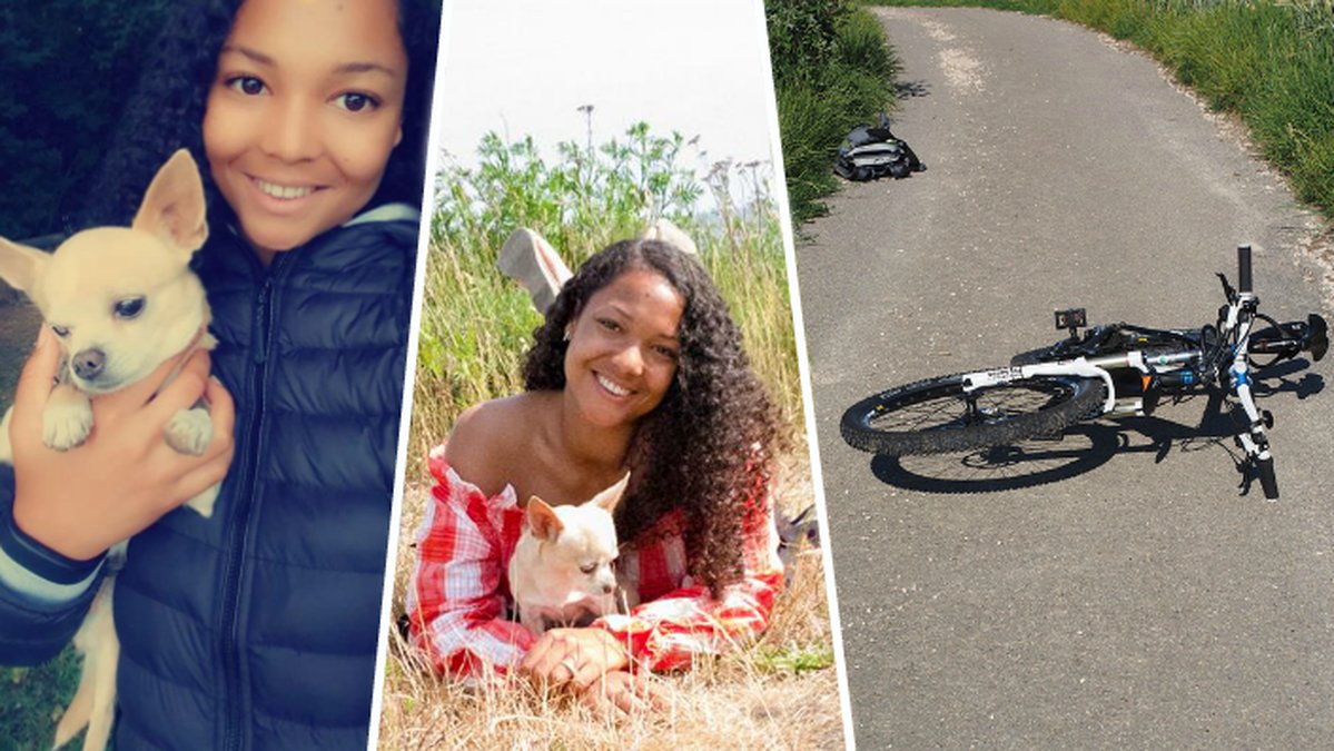 Latifa håller sin hund Luna. En cykel som ligger på en gångväg.
