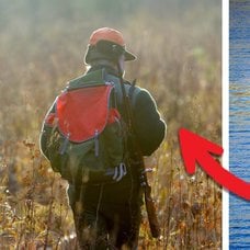 Fiskare fiskar och en skylt som förbjuder fiske. 