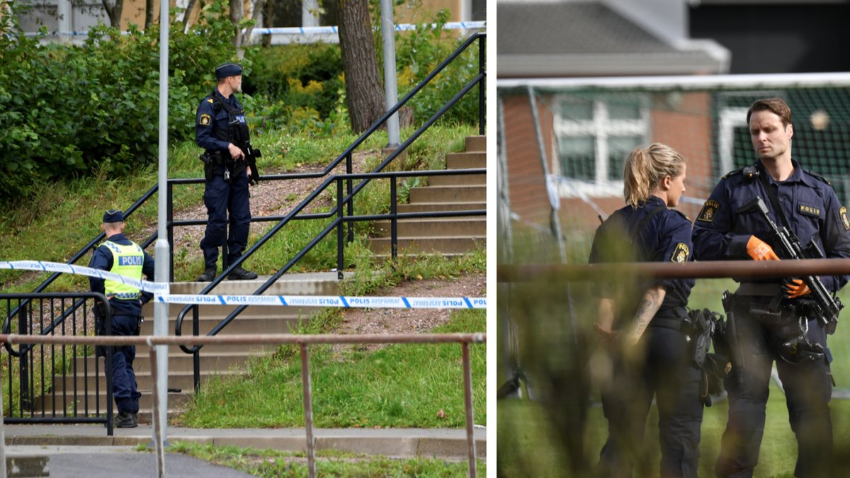 Poliser utanför högstadieskolan i Eslöv där en lärare skadats allvarligt.