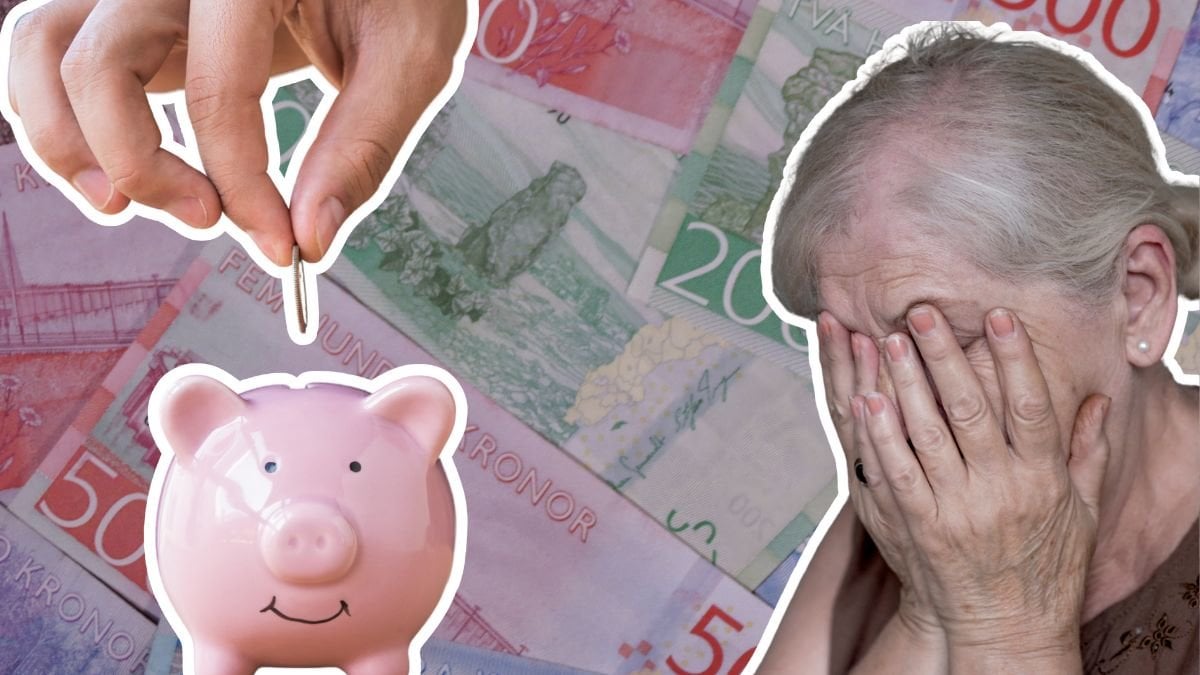 Pengar, ledsen kvinna och spargris.