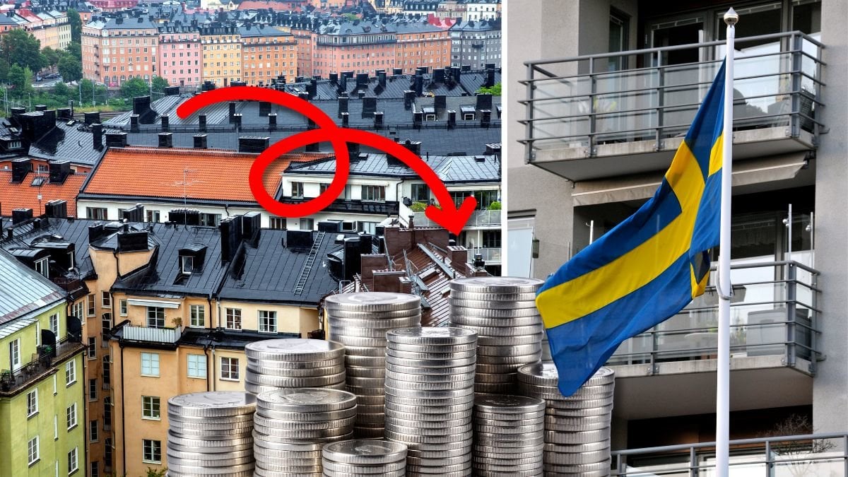 Bostadshus och sverigeflagga.