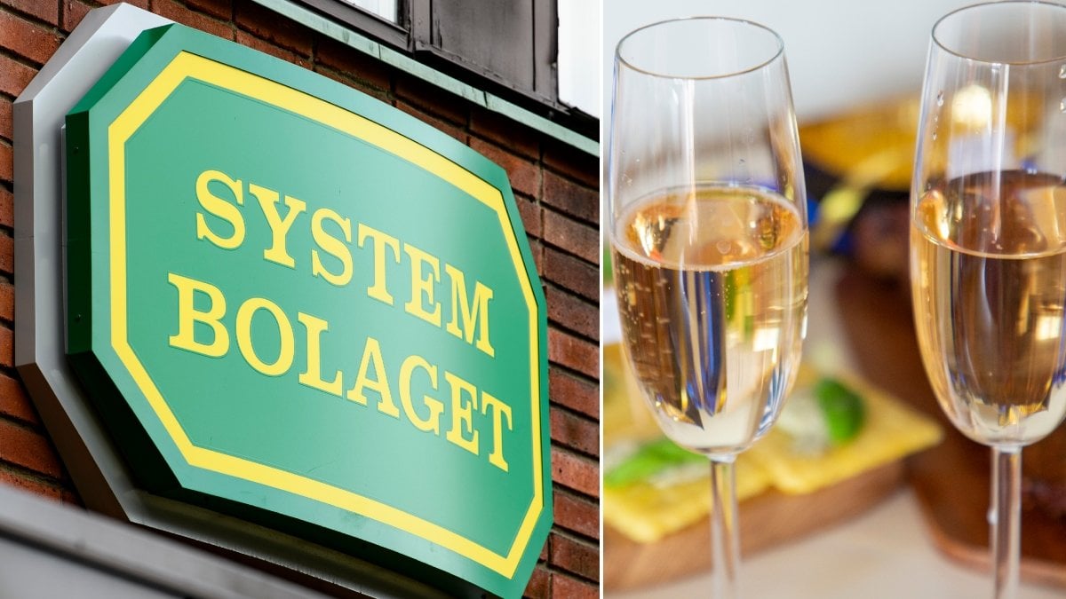 Bilder på Systembolaget-skylt och champagne i glas.