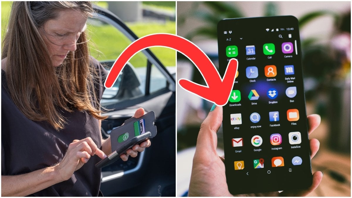 En kvinna med en mobil och en Android-telefon.