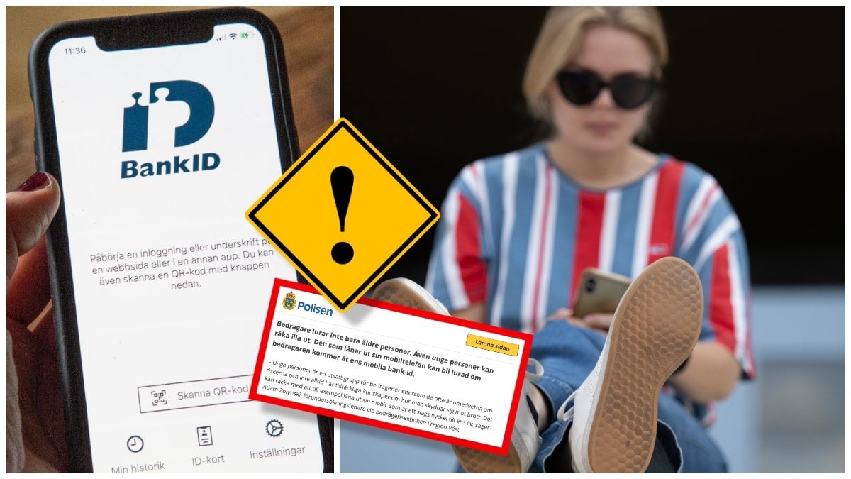 BankID-appen på en mobiltelefon och en ung kvinna med mobiltelefon