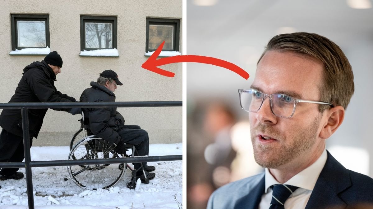 Man som puttar en annan man i rullstol vänster. Närbild Andreas Carlsson (KD) höger.