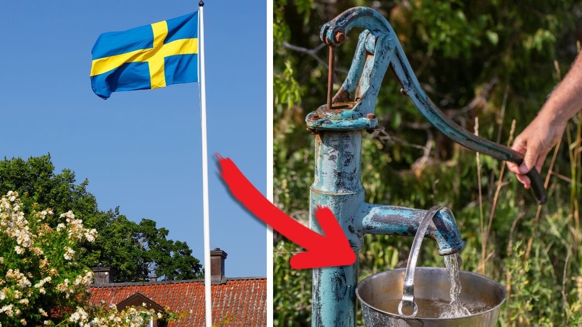 Sverigeflagga och brunn.