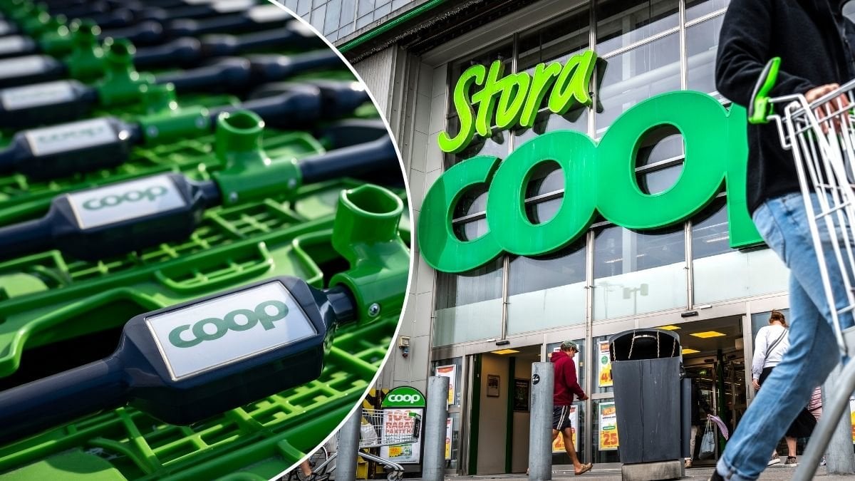 Bilder på Coops entré och kundvagnar.