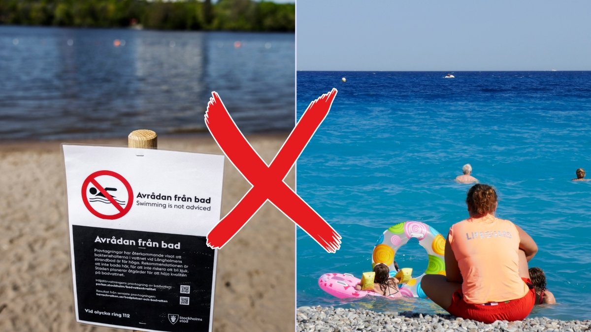 Badstrand och badande personer.