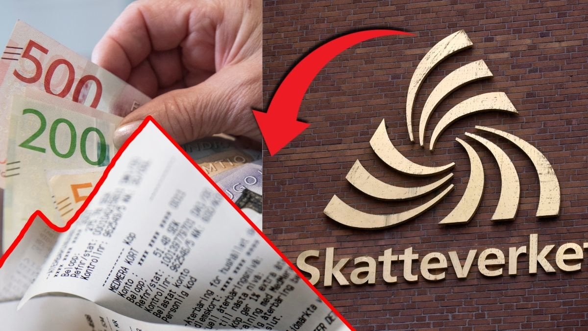 Kontanter till vänster. Kvitto utklippt över. Skatteverkets symbol till höger. 