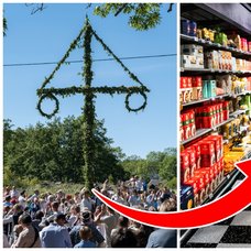 Dans runt en midsommarstång och personer som går omkring i en matbutik