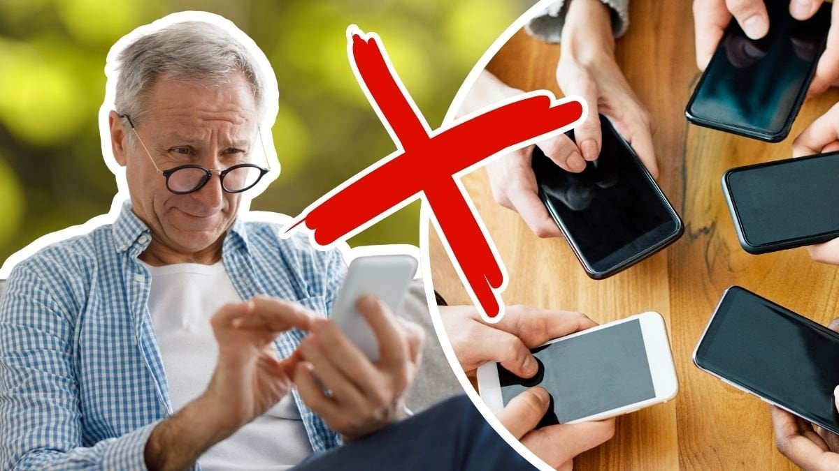 Äldre man med mobiltelefon och händer med mobiltelefoner