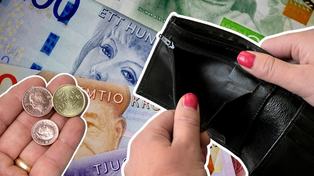 Pengar, mynt i en hand och en tom plånbok.