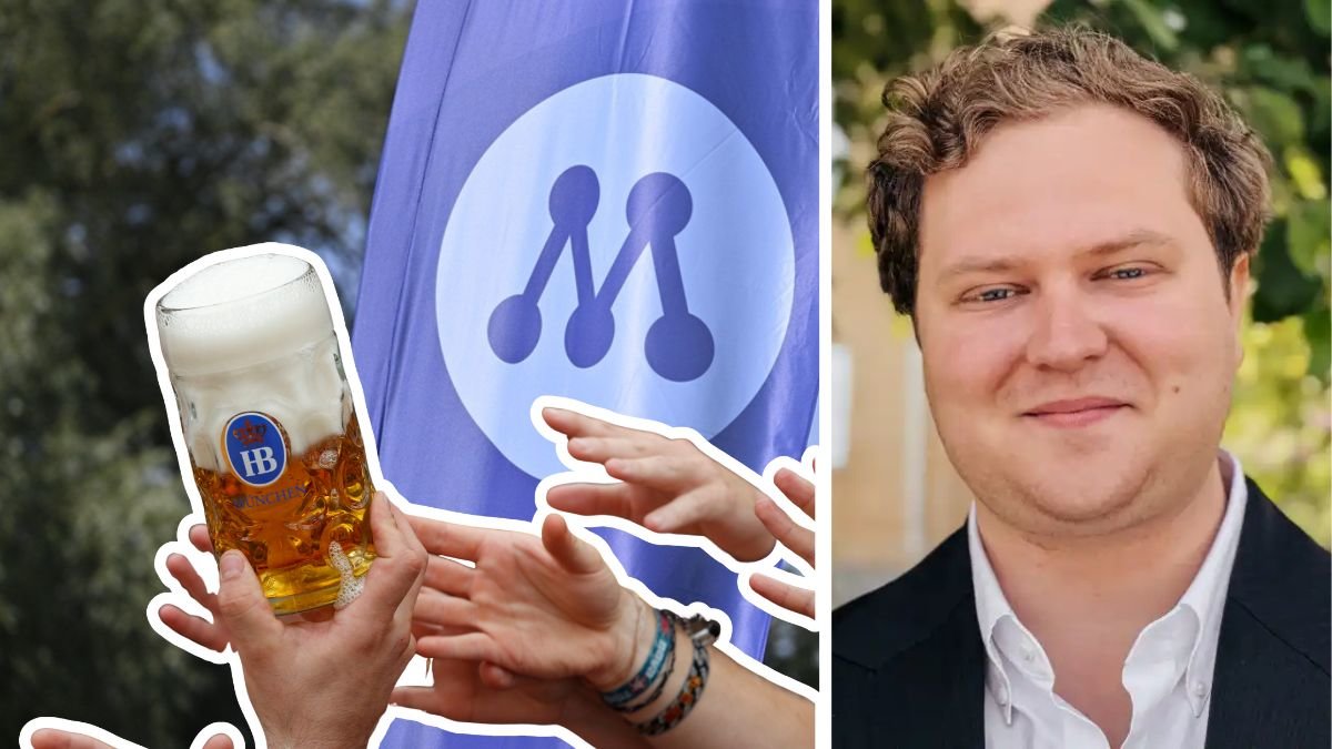 Flagga till vänster med ett M på. Till höger Carl Hedenbergh, generalsekreterare för Muf. Ett glas öl i mitten.